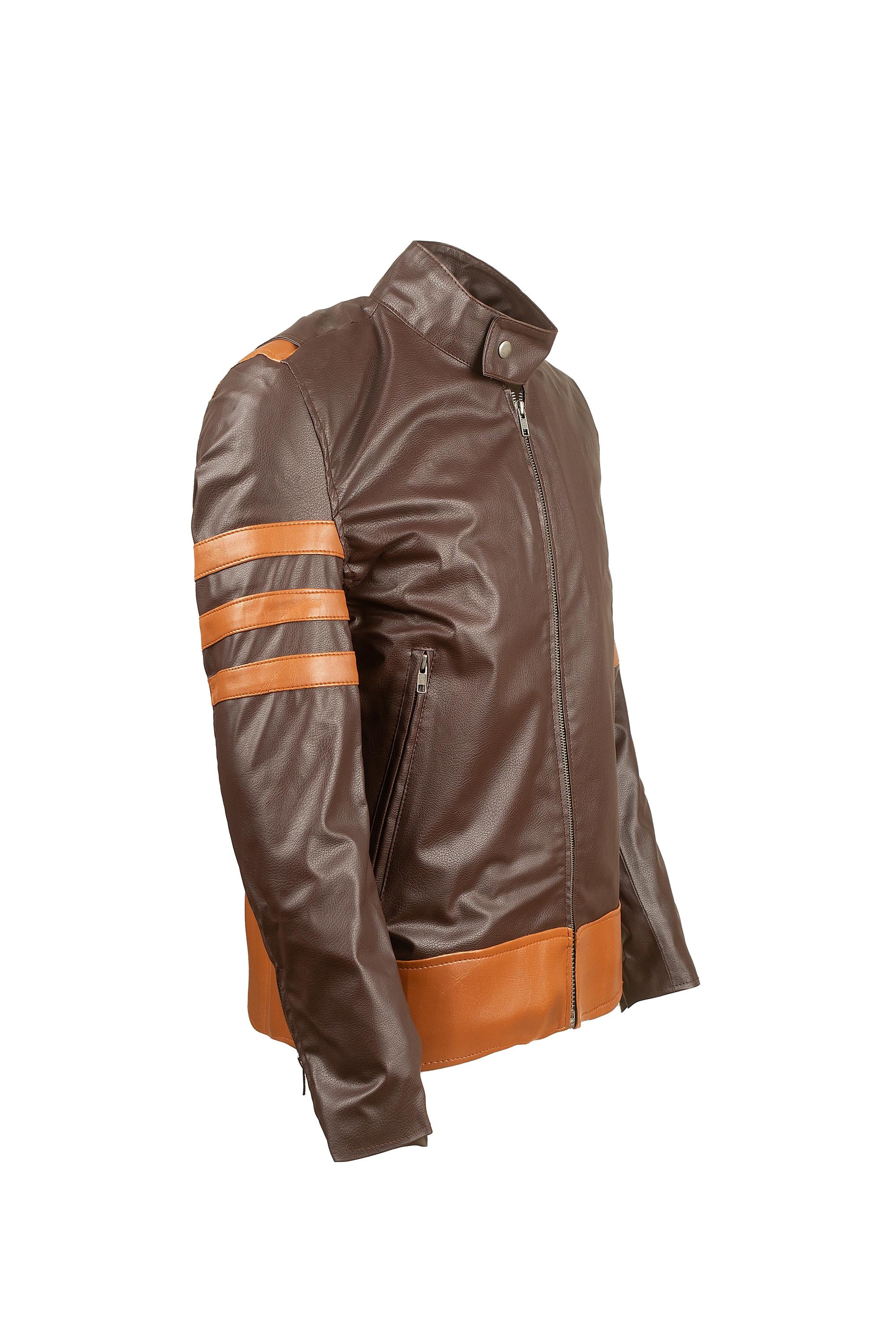 Men's Brown Faux Leather Cafe Racer Jacket – Tan Racing Stripes, Custom Fit