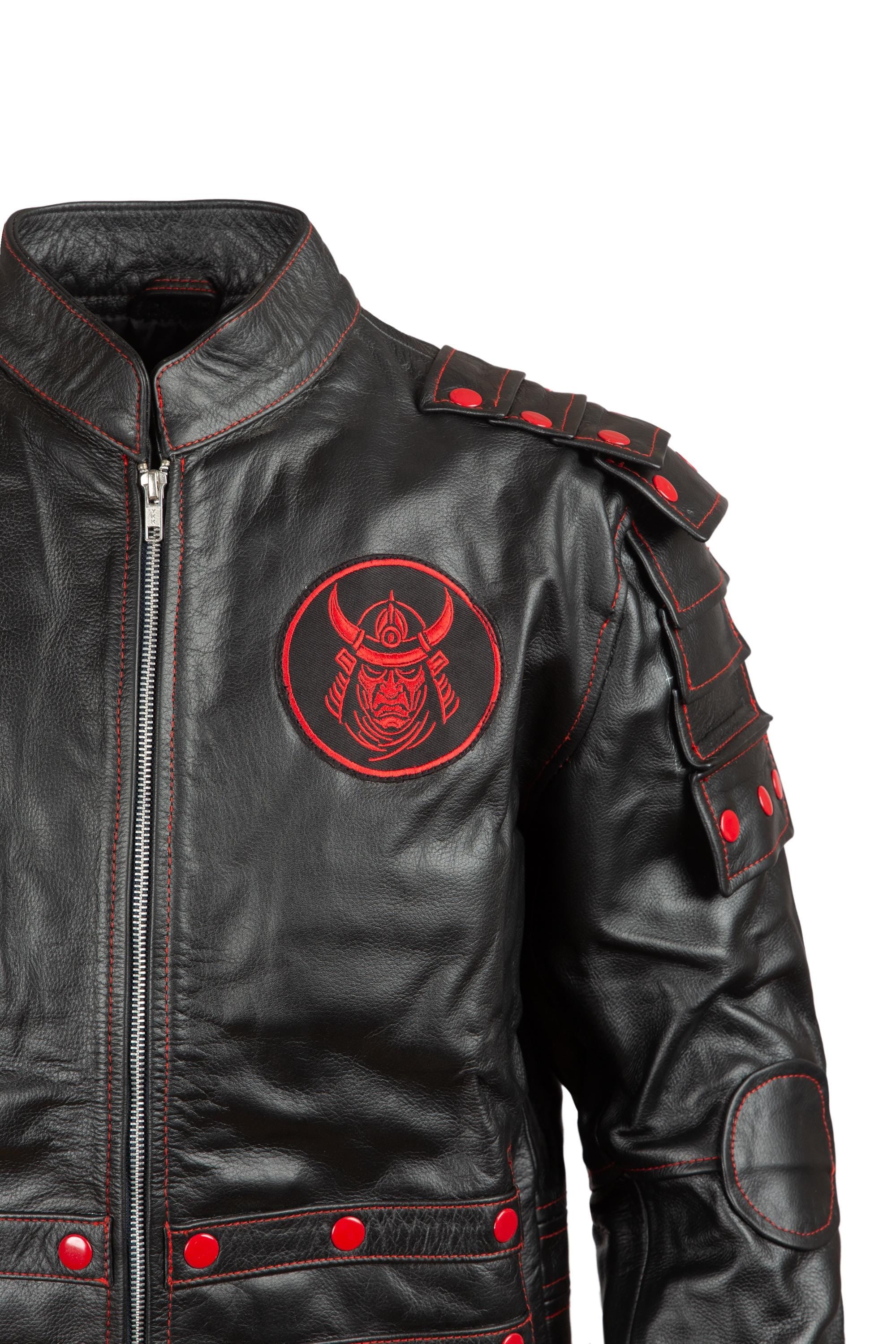 Black & Red Samurai Tactical Leather Jacket – Street Armor Edition