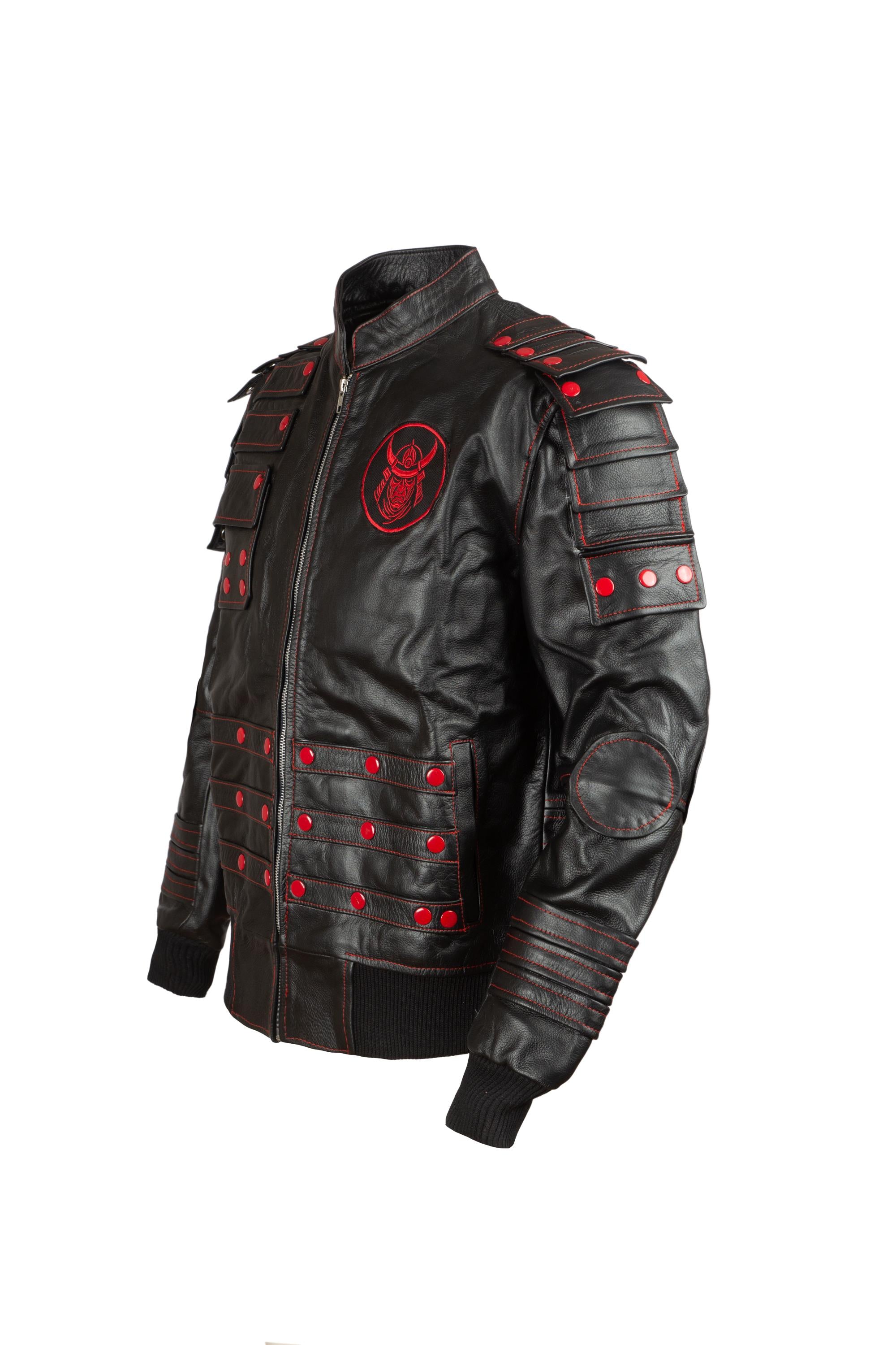 Black & Red Samurai Tactical Leather Jacket – Street Armor Edition