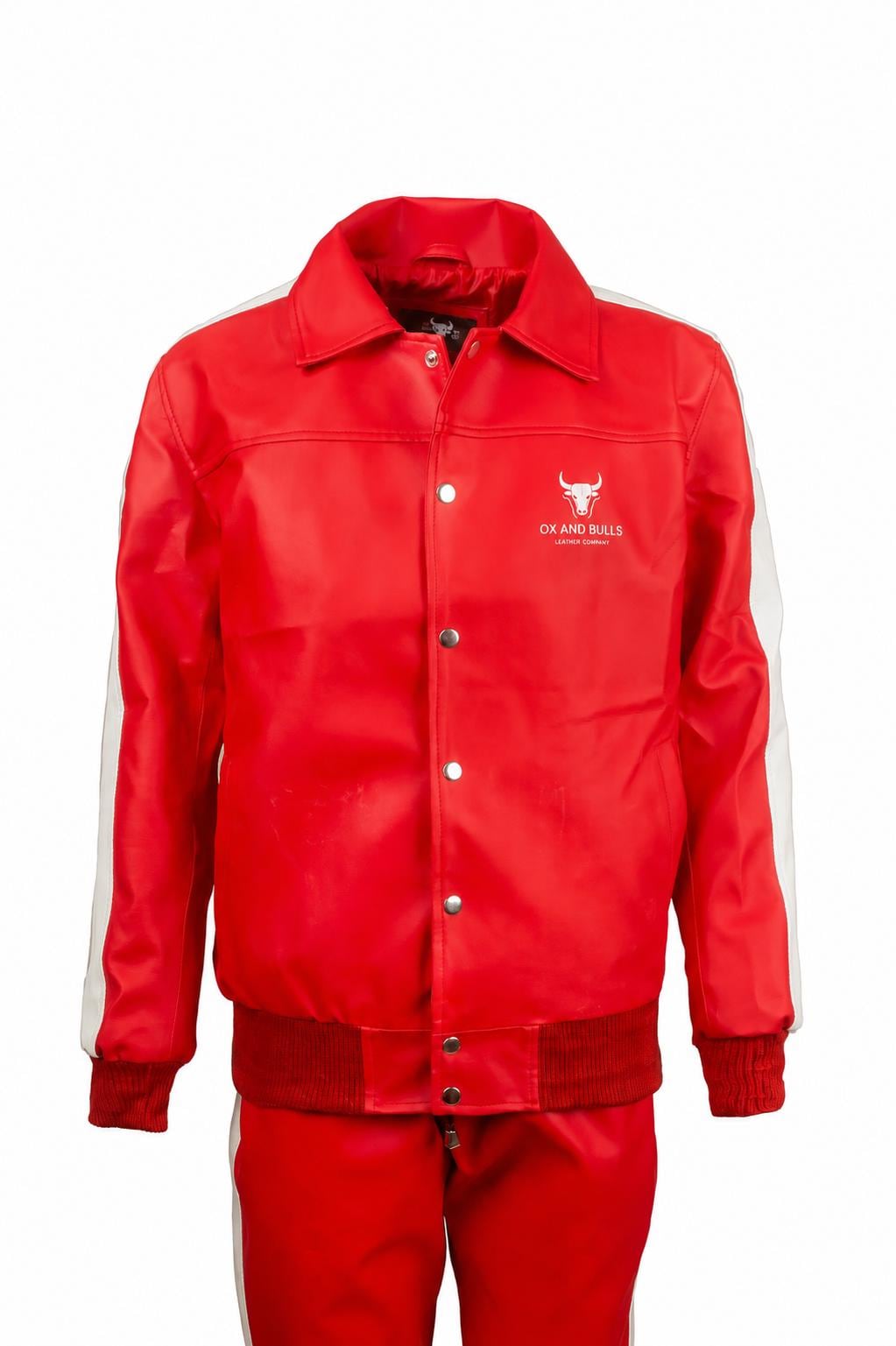 Red Faux Leather Tracksuit Set for Men | Retro Streetwear Jacket & Pants | Urban Athletic Two Piece Outfit | Ox and Bulls Style