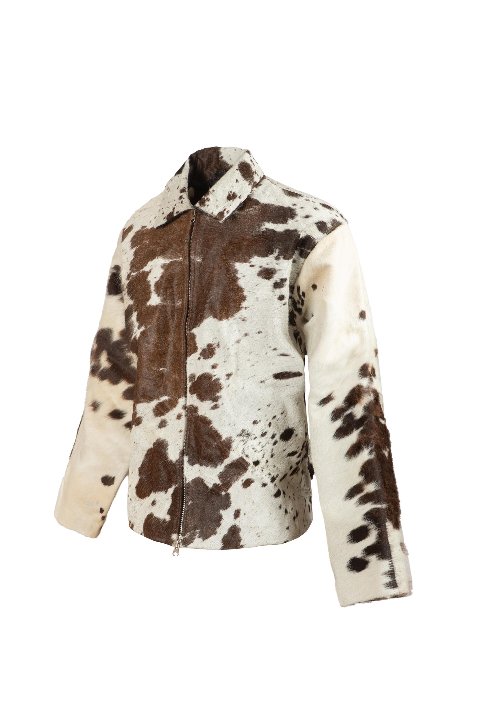 Women’s Rodeo Muse Cowhide Jacket | Western Hair-On Leather Coat | Brown & White Ranch Style Zip Jacket | Cow Print Statement Outerwear