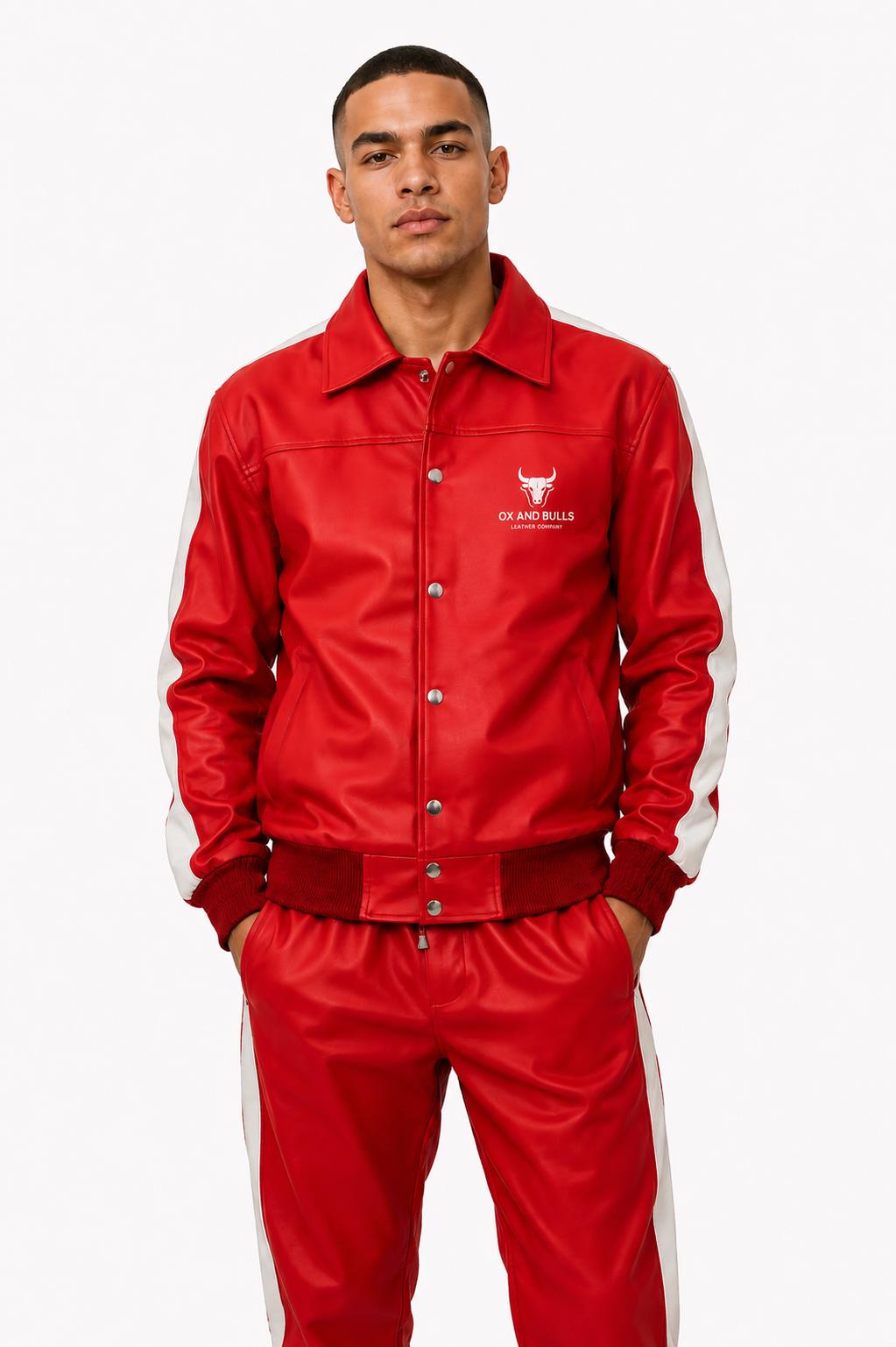Red Faux Leather Tracksuit Set for Men | Retro Streetwear Jacket & Pants | Urban Athletic Two Piece Outfit | Ox and Bulls Style