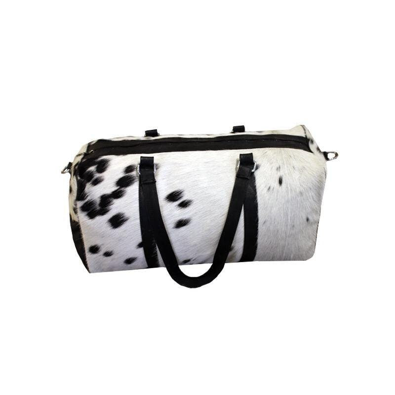 Handmade Cowhide Duffel Bag Large Travel Bag Genuine Leather Weekend Bag Overnight Bag in Brown & White