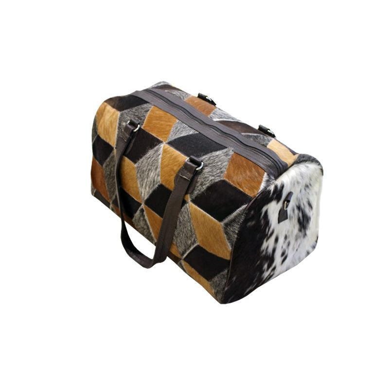 Handmade Cowhide Duffel Bag Large Travel Bag Genuine Leather Weekend Bag Overnight Bag in Brown & White