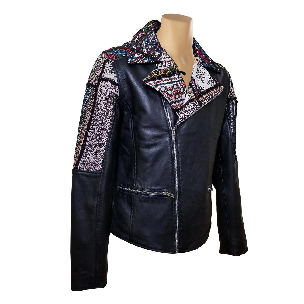 Handmade  Bohemian Leather Jacket With Tribal Hand Embroidered Fabric