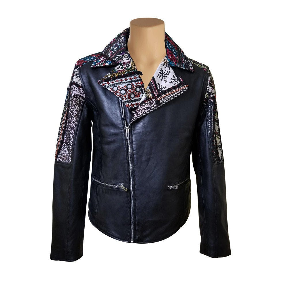 Handmade  Bohemian Leather Jacket With Tribal Hand Embroidered Fabric