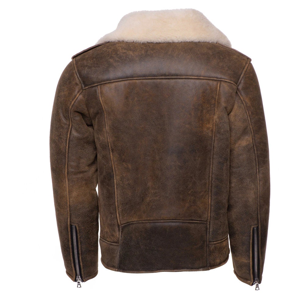 Handmade  Carter Distressed Biker Bomber Shearling Jacket With Notch Lapels