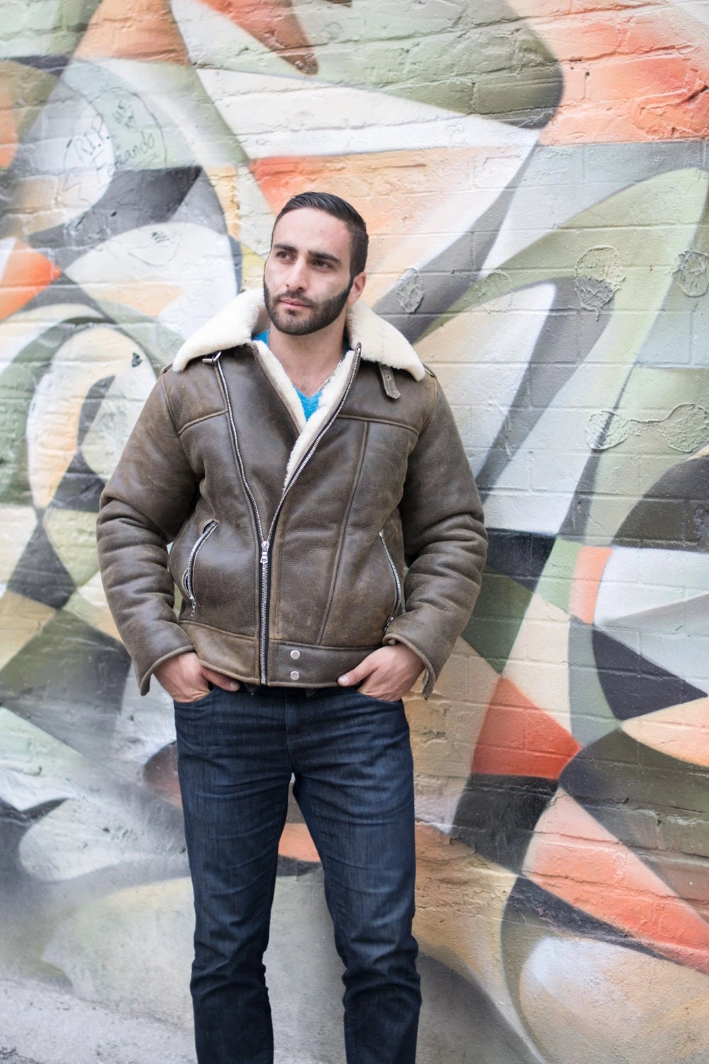 Handmade  Carter Distressed Biker Bomber Shearling Jacket With Notch Lapels