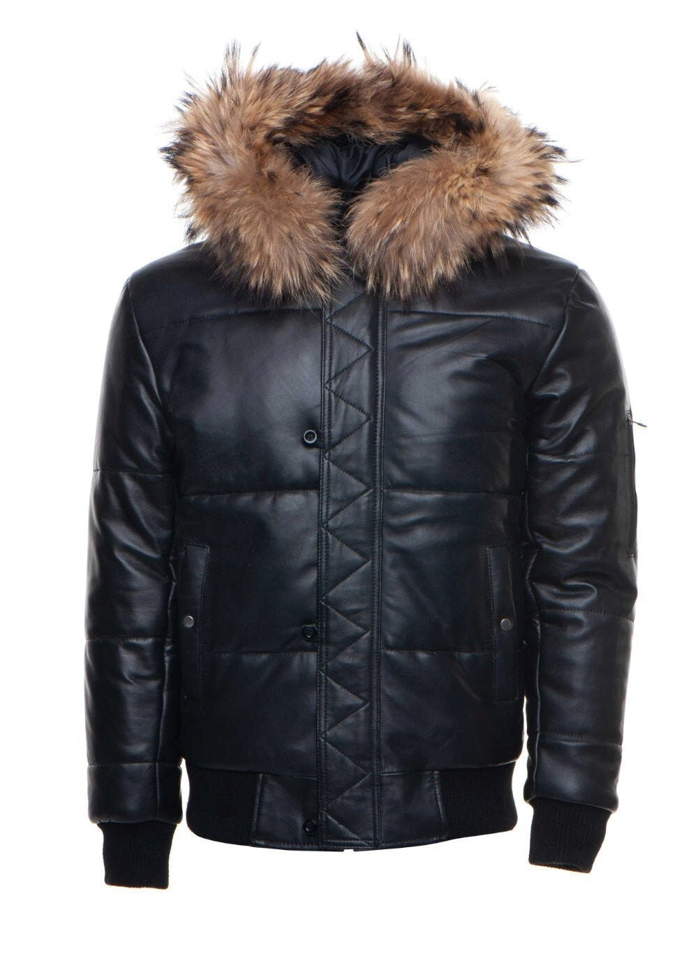 Handmade Traynor's Puffer Winter Leather Jacket With Ribbed Cuffs And Waist And Fur Trim Hoodie