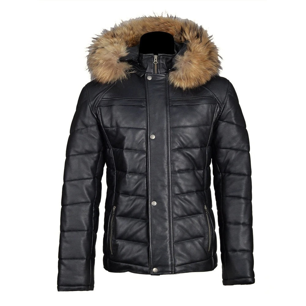 Handmade Rossi's Polyfill Winter Leather Jacket With Fur On Hoodie