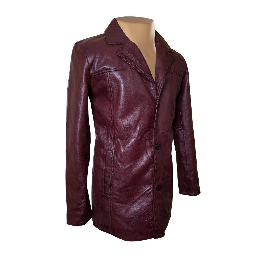 Handmade  Krueger's Maroon Buttoned Leather Blazer