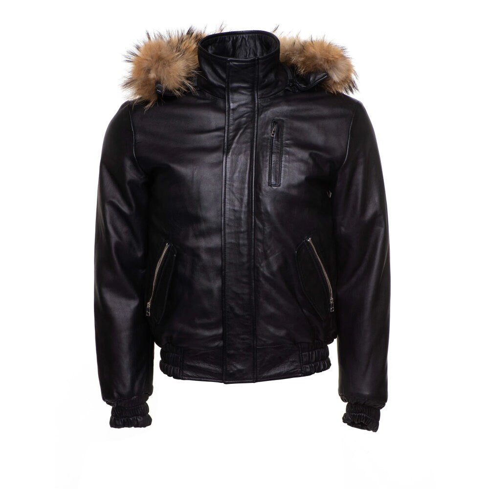 Handmade  Castillos Bomber Winter Leather Jacket With Real Fox Fur Hoodie