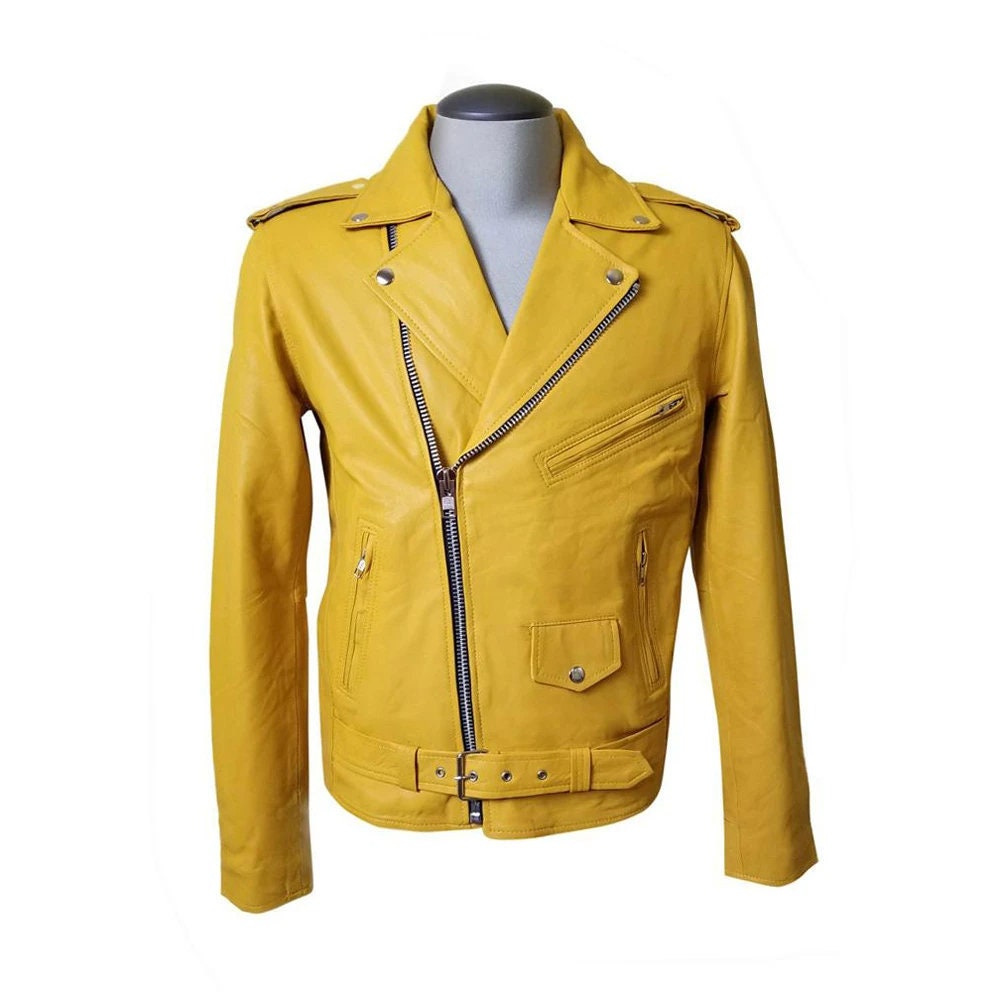 Handmade  Olson's Yellow Biker Style Leather Jacket With Waist Belt