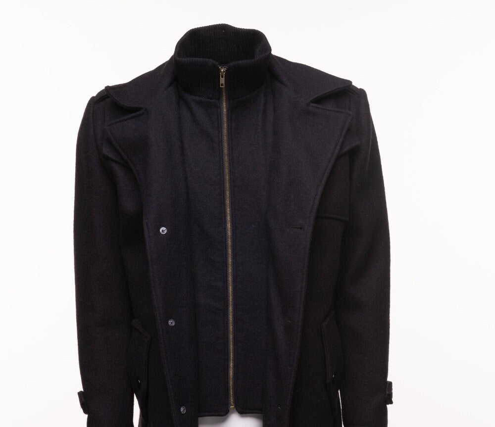 Handmade Black Wool 3/4 Length Trench Coat