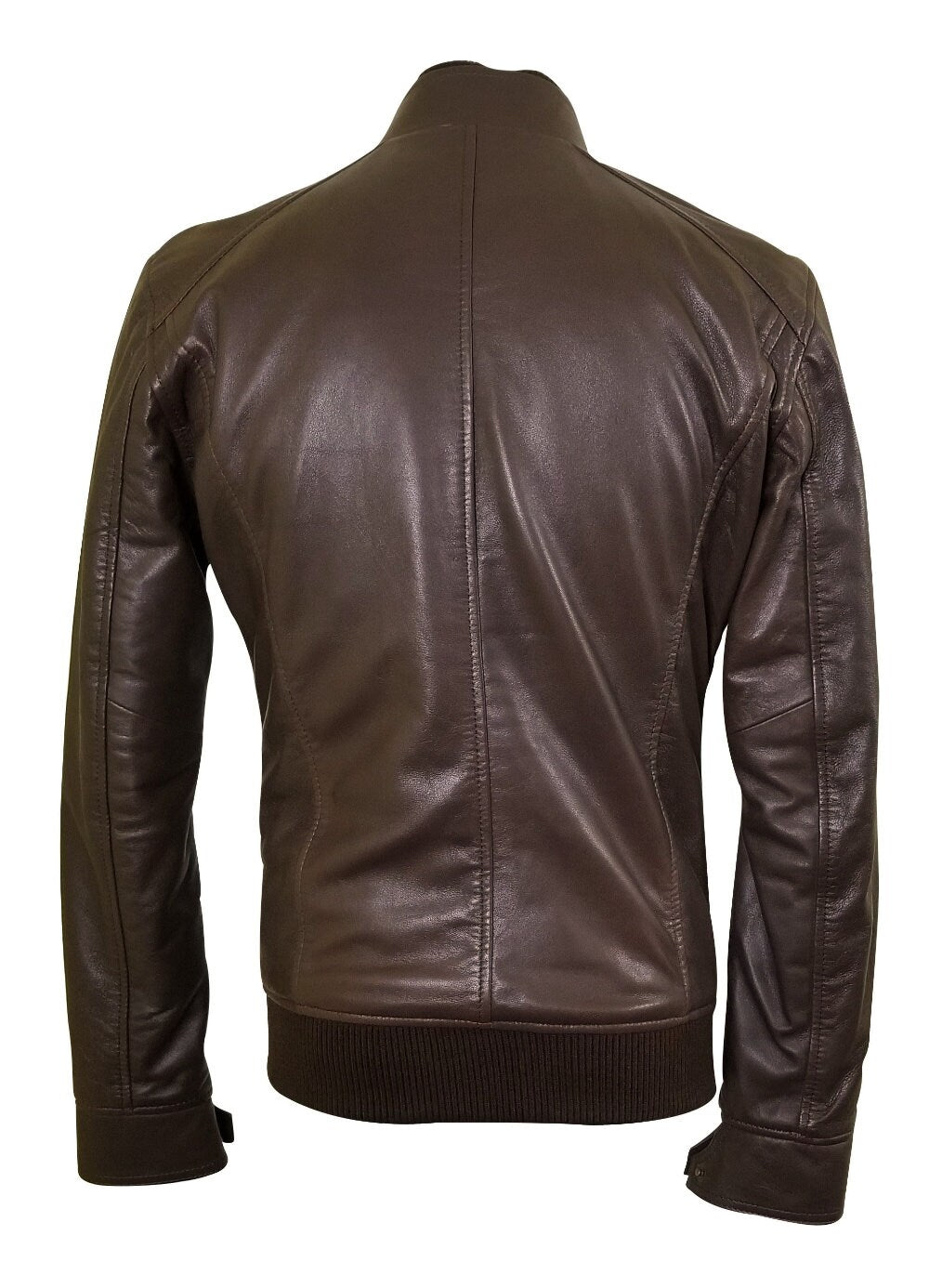 Handmade Brown Leather Jacket With Straight Ribbed Collar, Cuffs And Hem