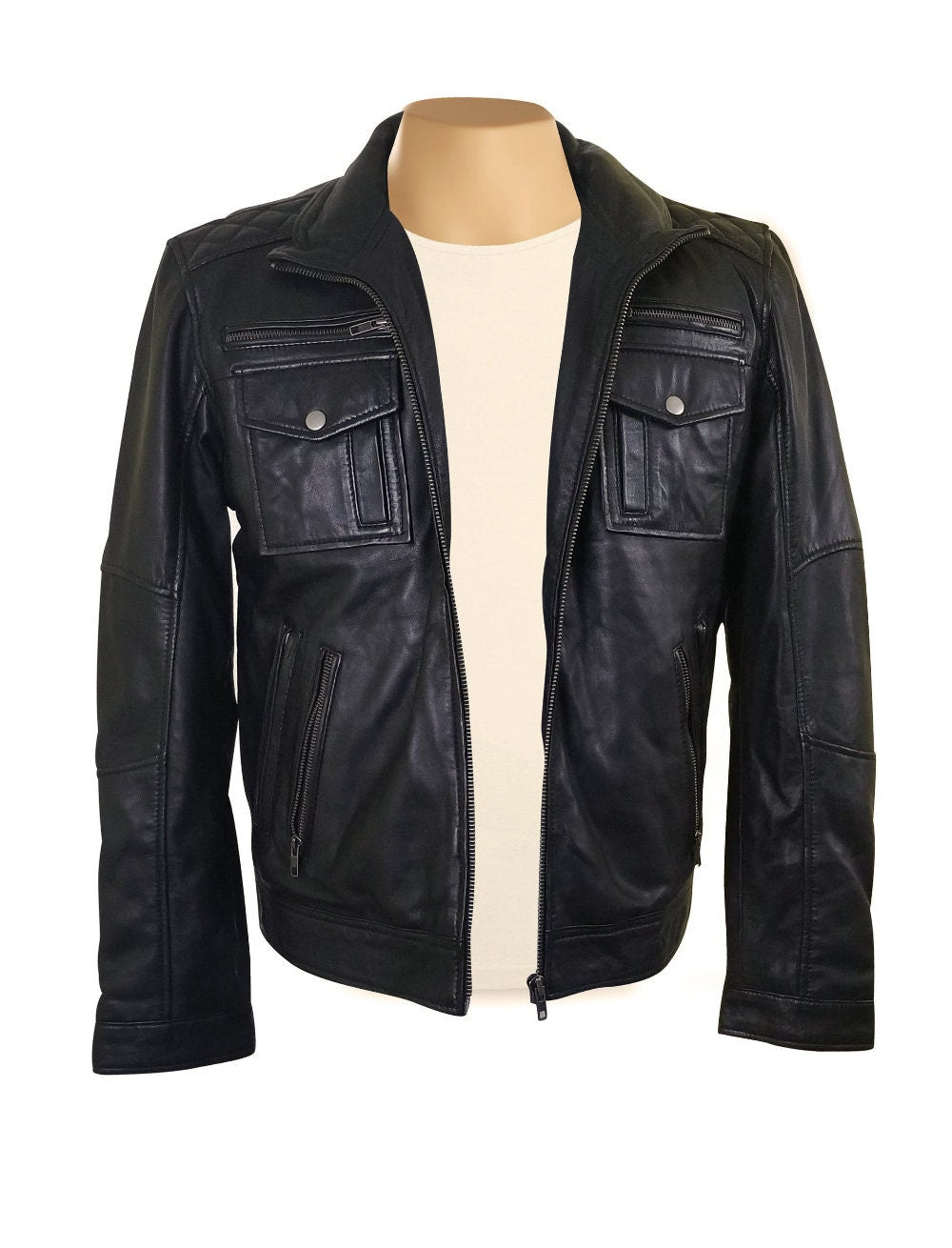 Handmade  Benson Zip Up Leather Jacket With Flap Pockets