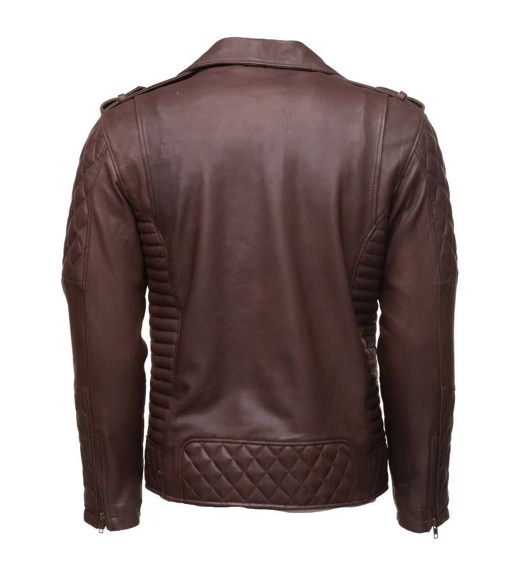 Handmade  Brown Quilted Biker Leather Jacket With Diamond Stitching Details