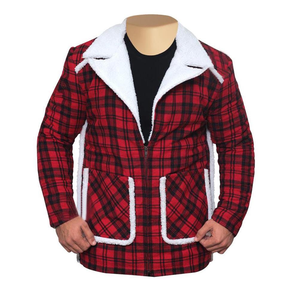 Handmade  Ryan Reynold's Red And Black Checkered Jacket With Faux Shearling