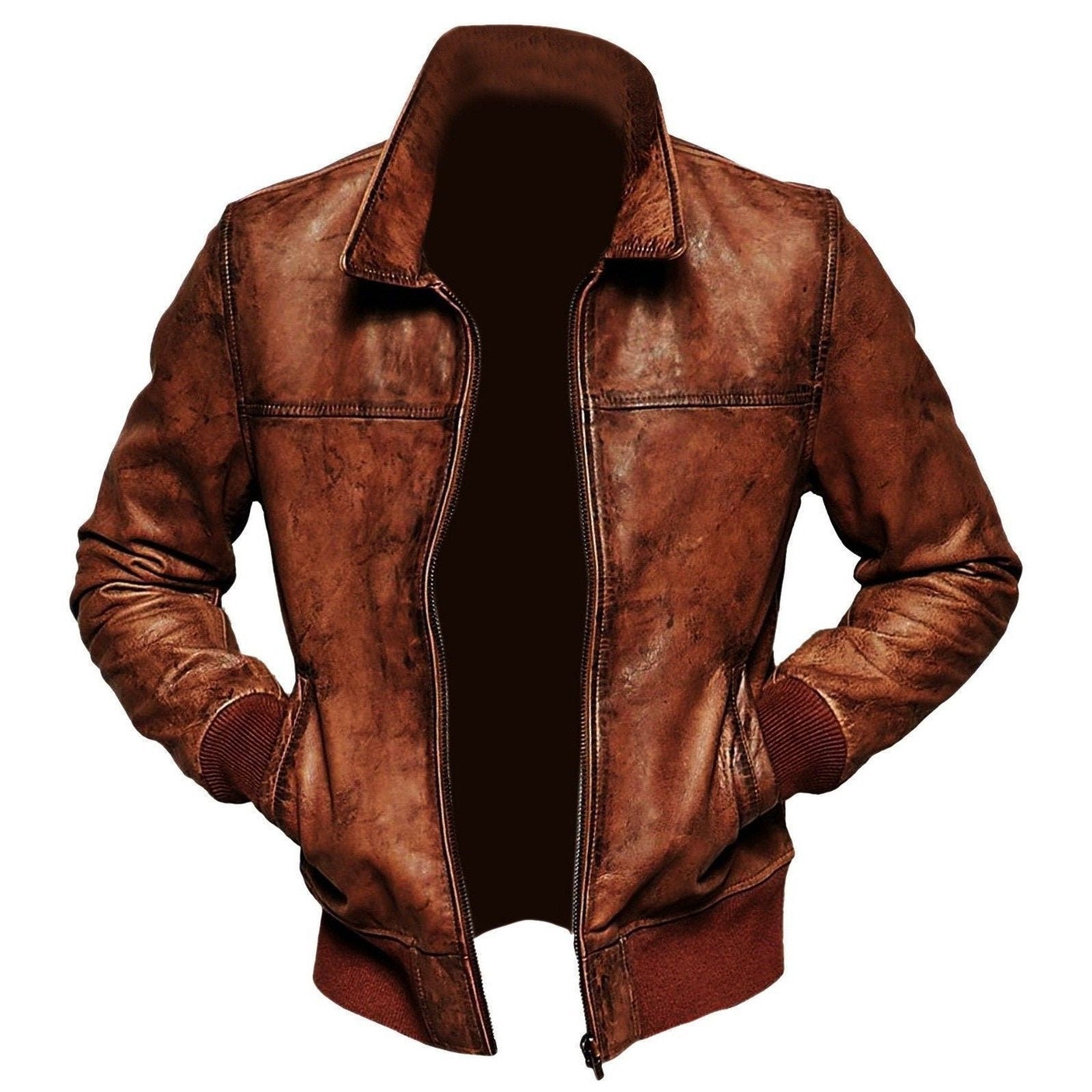 Handmade  Boyd's Rust Leather Jacket With Ribbed Cuffs