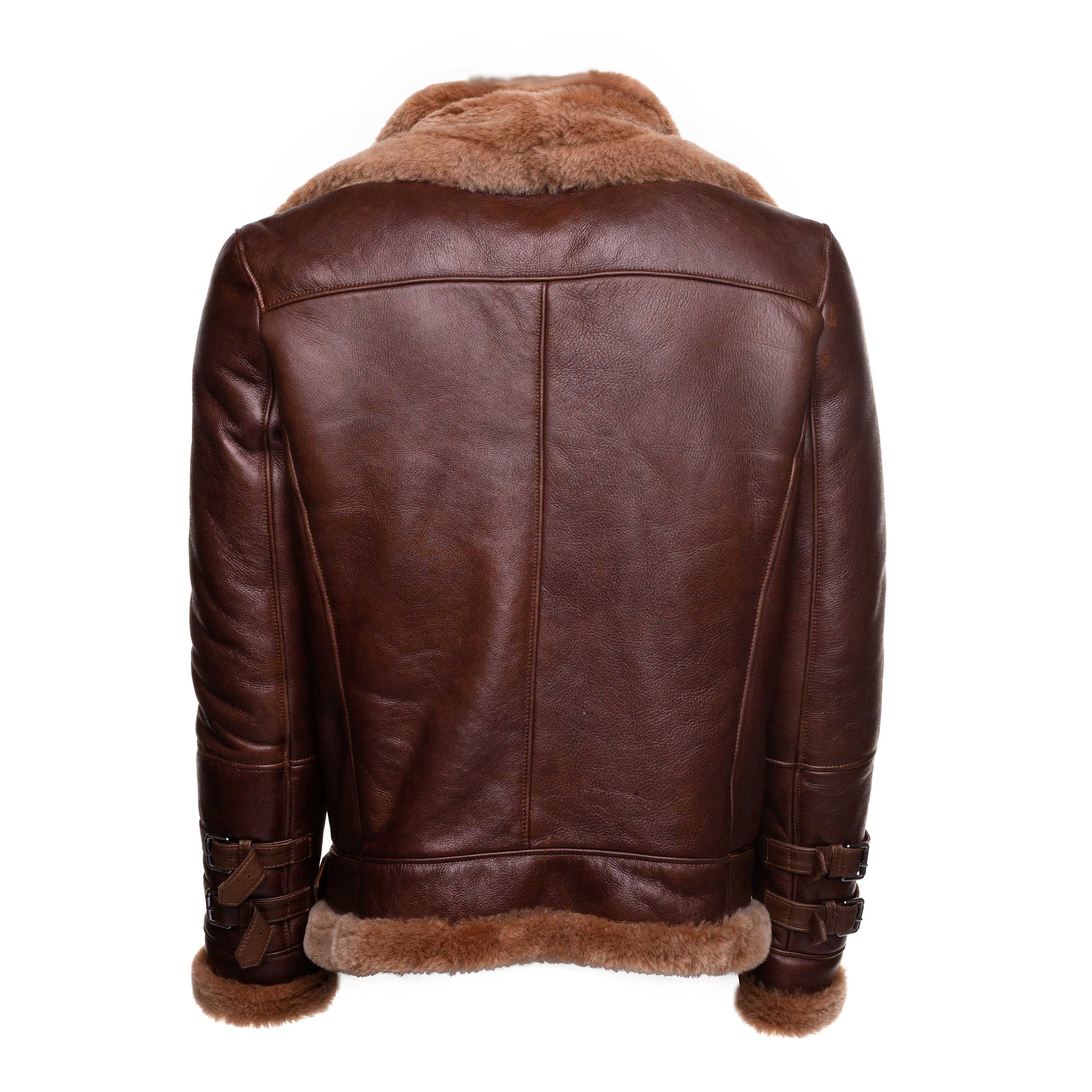 Handmade  Phan's Brown Aviator Bomber Shearling Jacket With A Waist Belt