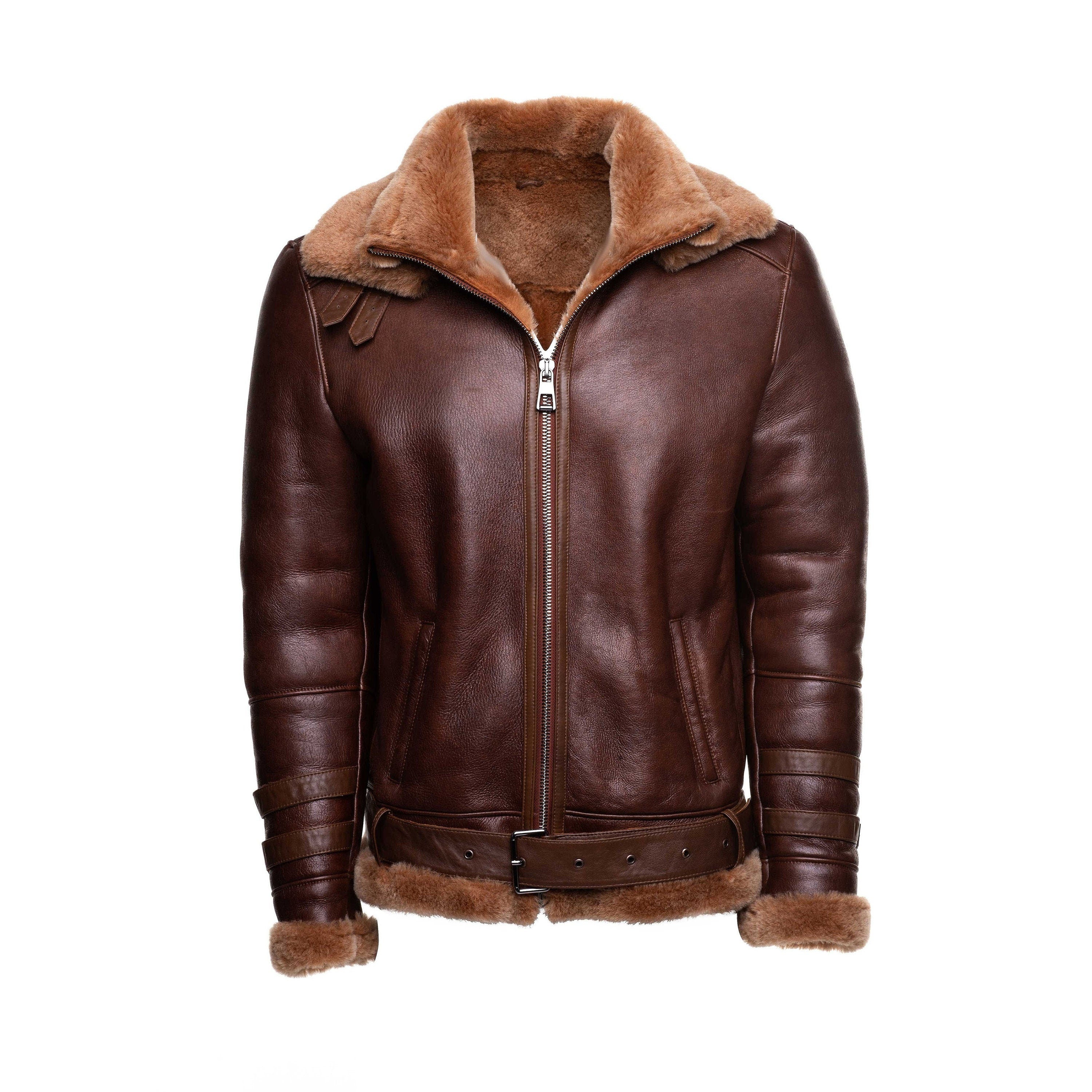 Handmade  Phan's Brown Aviator Bomber Shearling Jacket With A Waist Belt