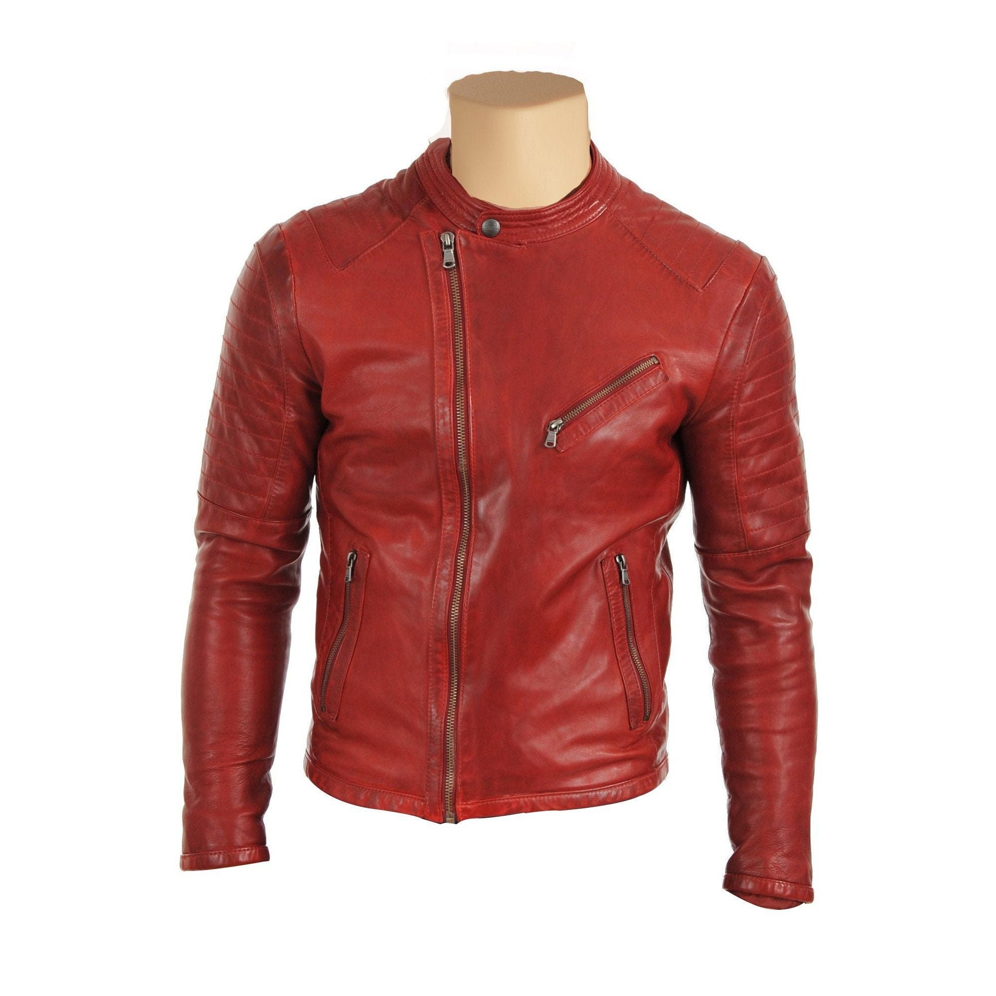 Handmade  Red Moto Style Jacket With Stitching Pattern