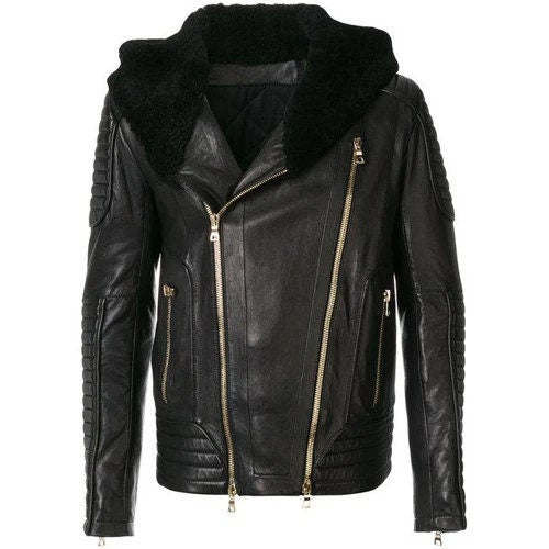 Handmade  Sundown Biker Jacket With Fur Collar