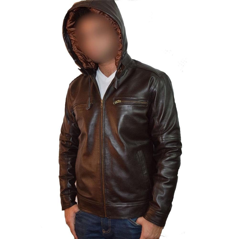 Handmade  Plain Dark Brown Leather Jacket With Hoodie