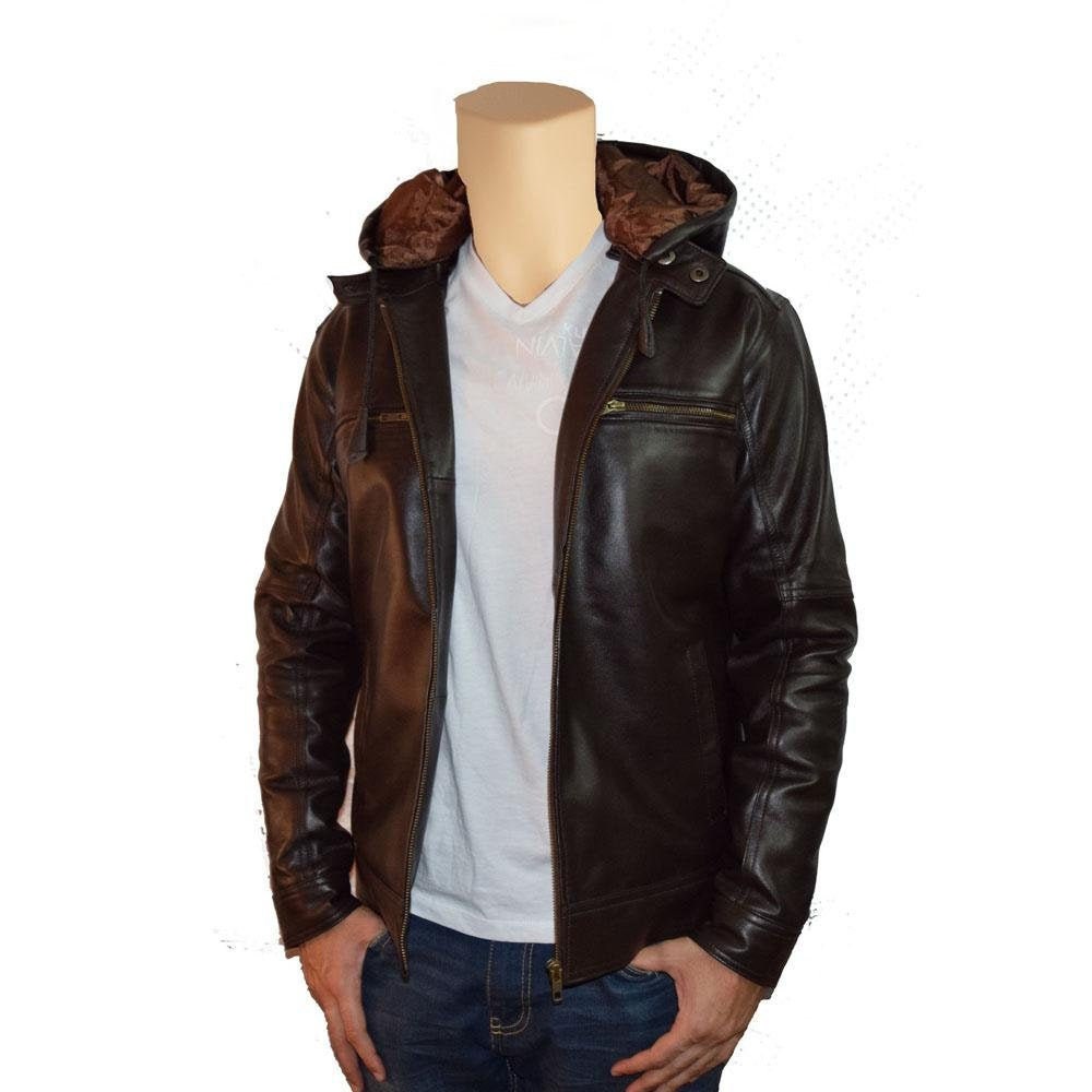 Handmade  Plain Dark Brown Leather Jacket With Hoodie