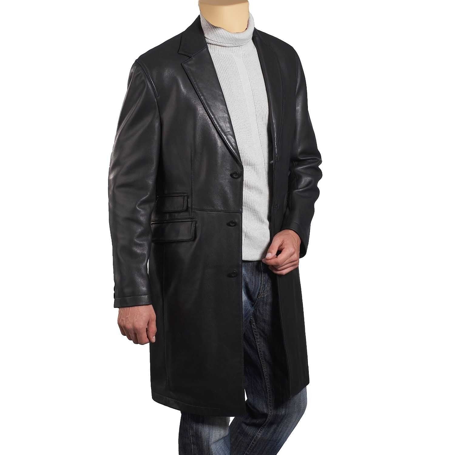 Handmade  Black Leather 3/4 Length Trench Coat