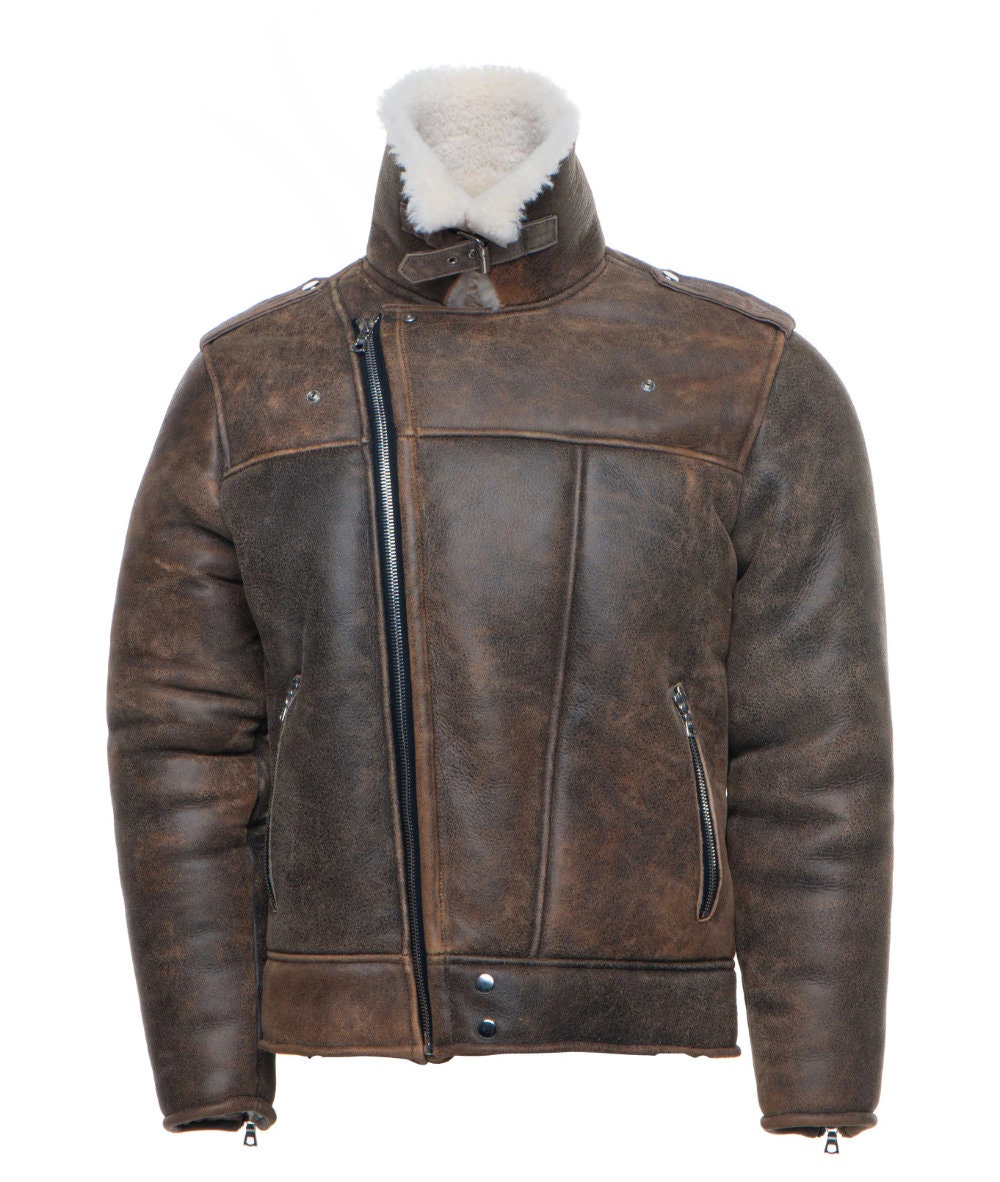 Handmade  Carter Distressed Biker Bomber Shearling Jacket With Notch Lapels