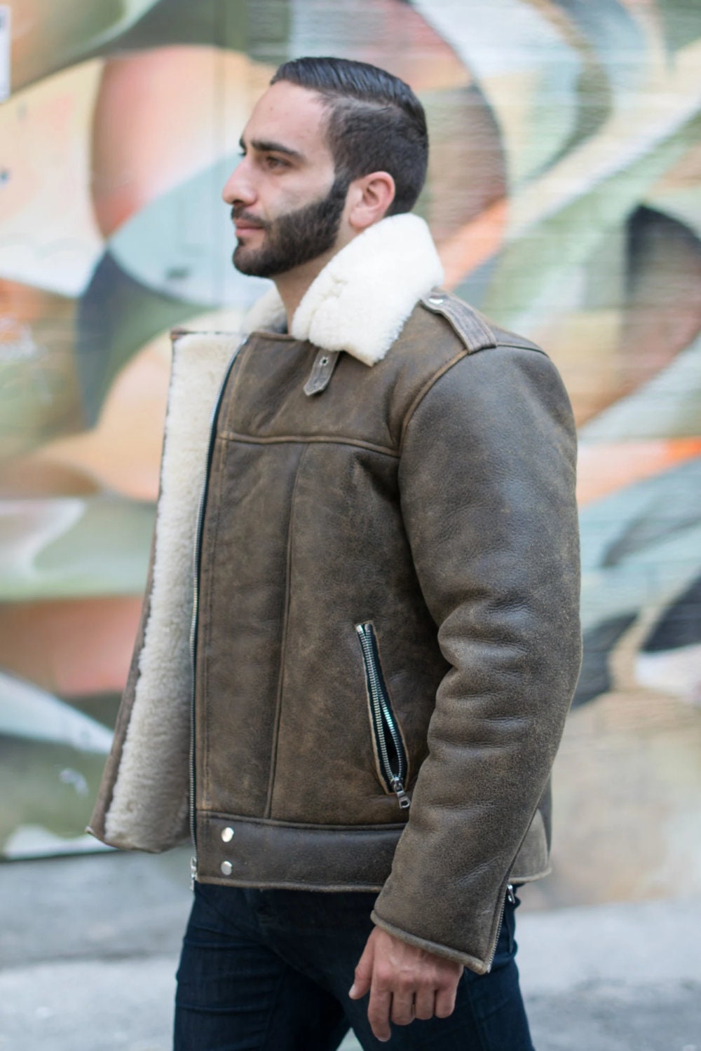 Handmade  Carter Distressed Biker Bomber Shearling Jacket With Notch Lapels