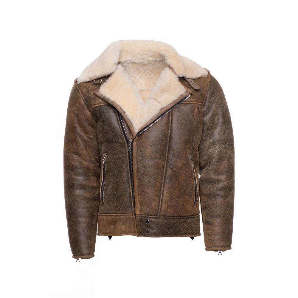 Handmade  Carter Distressed Biker Bomber Shearling Jacket With Notch Lapels