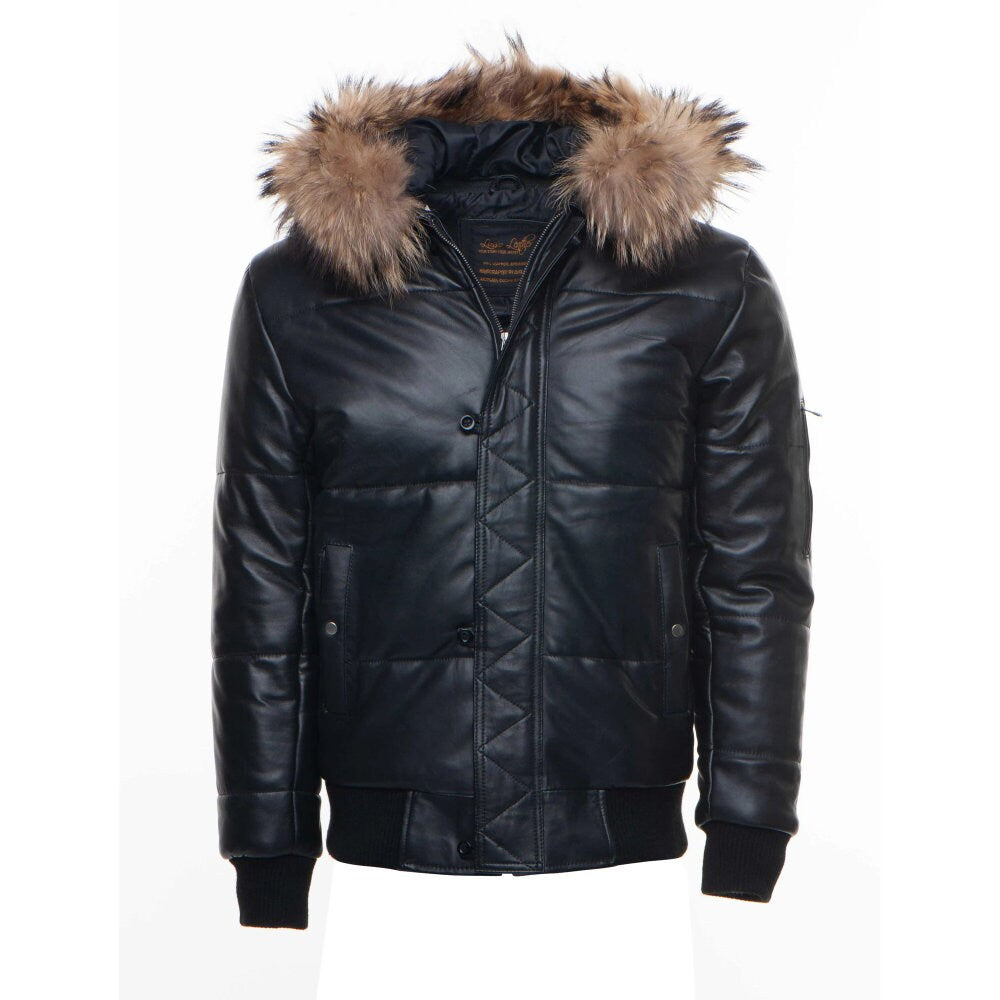 Handmade Traynor's Puffer Winter Leather Jacket With Ribbed Cuffs And Waist And Fur Trim Hoodie