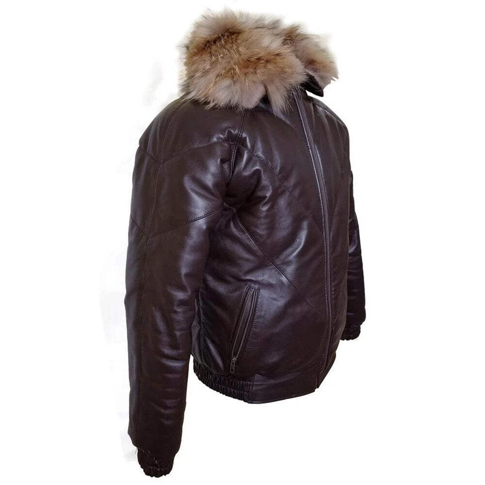 Handmade  Brown V-Bomber Style Puffer Winter Leather Jacket With Fur Collar