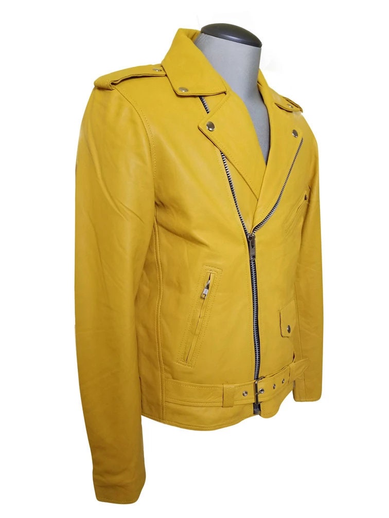 Handmade  Olson's Yellow Biker Style Leather Jacket With Waist Belt