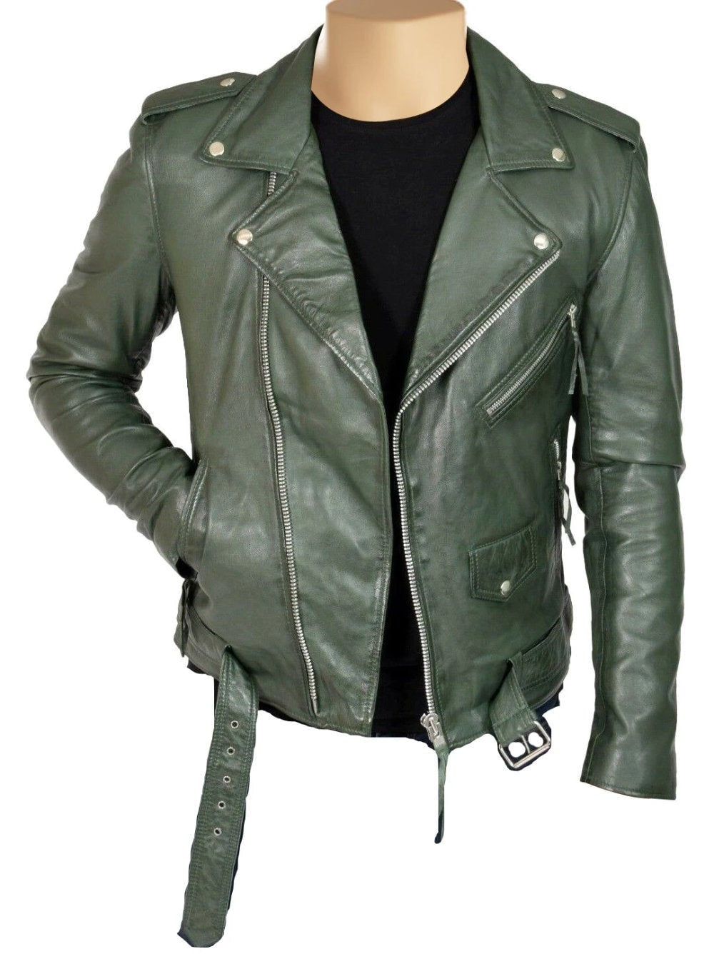 Handmade Sergeant Army Green Biker Style Leather Jacket With Belt