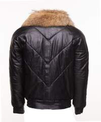 Handmade  Black V-Bomber Style Puffer Winter Leather Jacket With Fur Collar