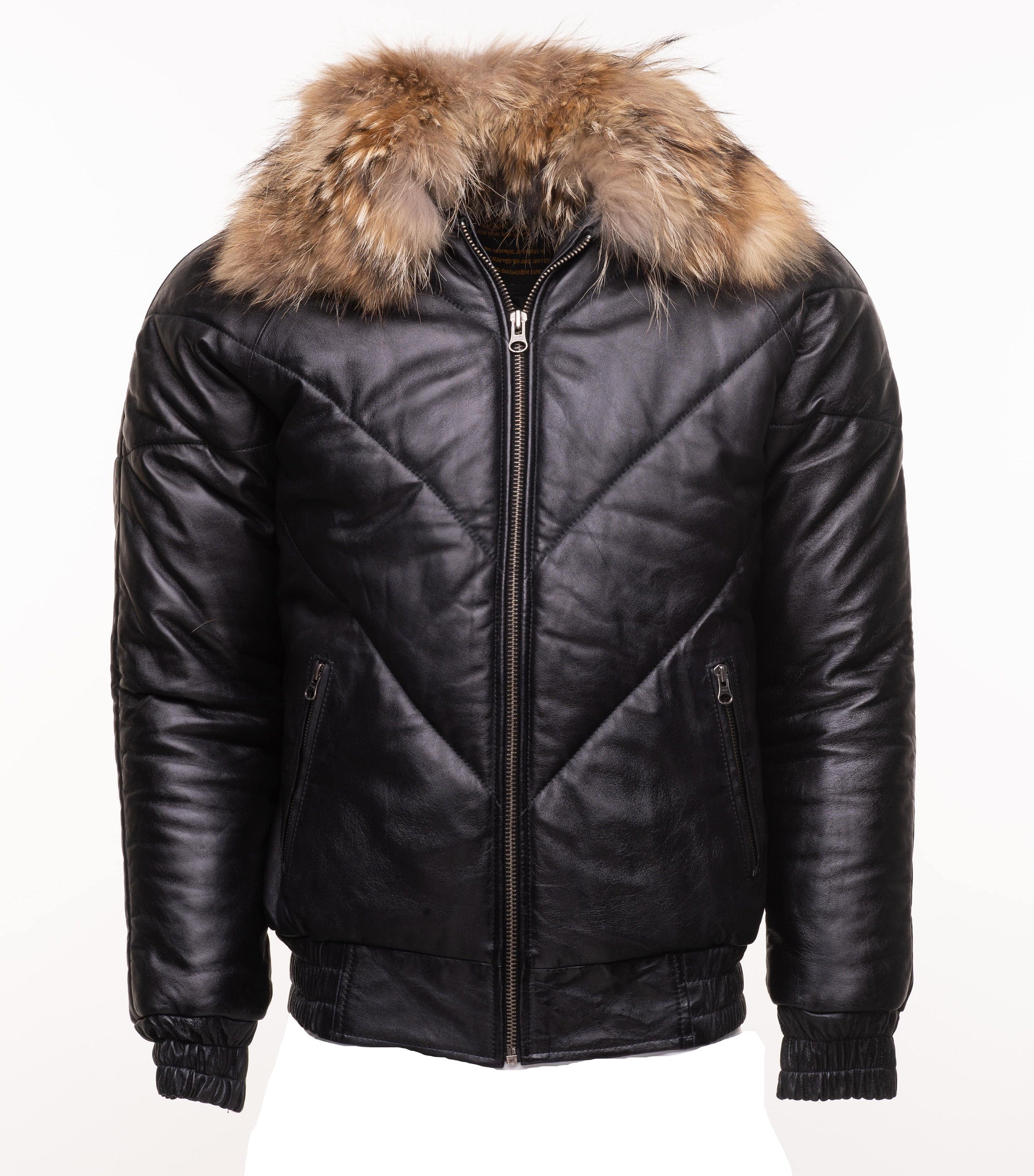 Handmade  Black V-Bomber Style Puffer Winter Leather Jacket With Fur Collar