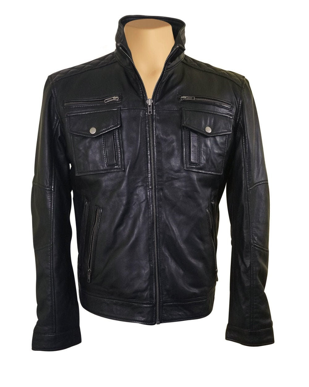 Handmade  Benson Zip Up Leather Jacket With Flap Pockets