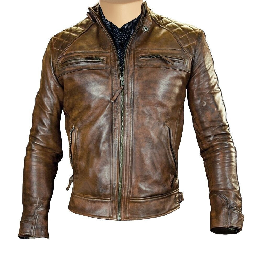 Handmade Roan Distressed Brown Moto Leather Jacket