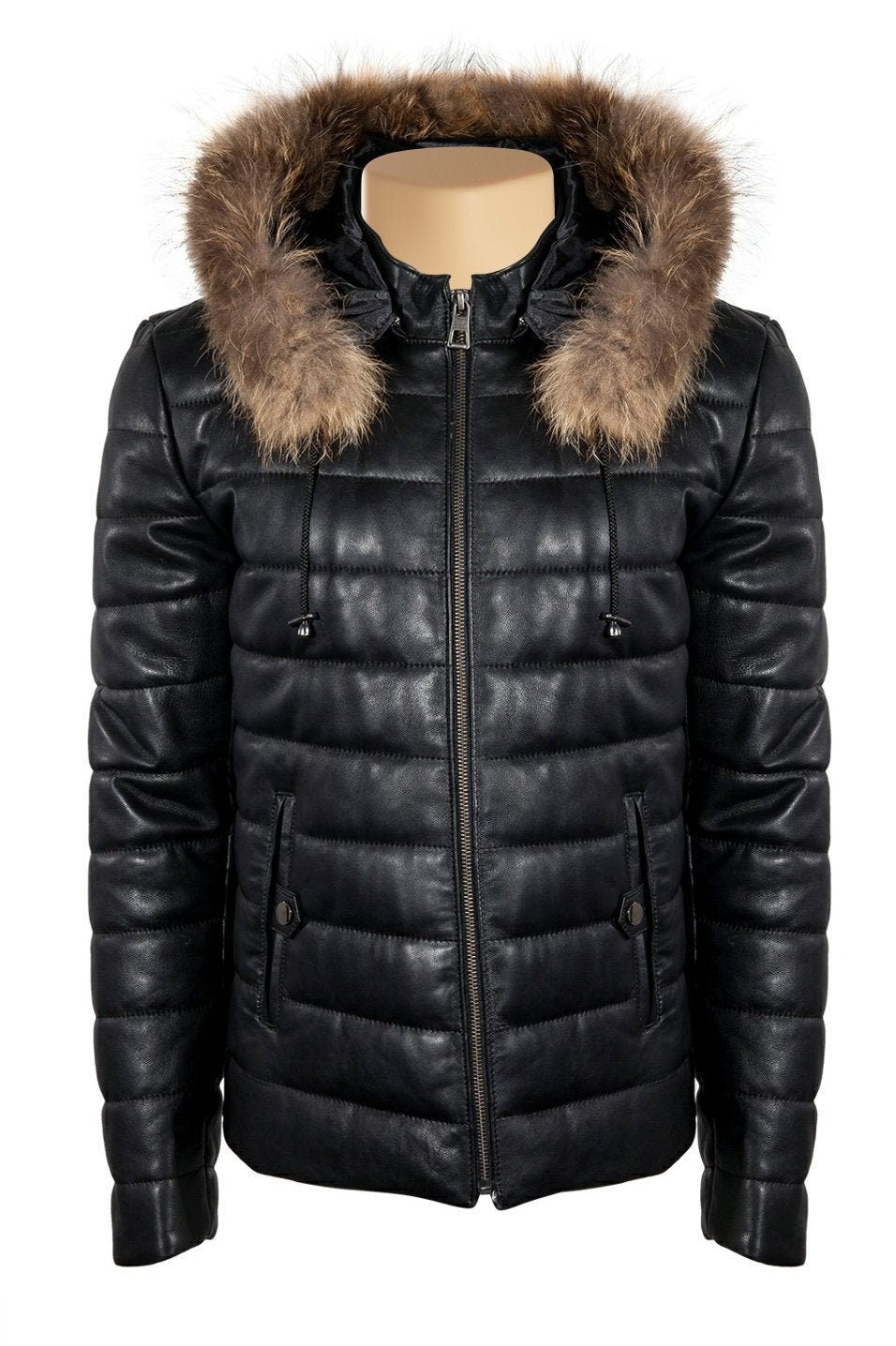 Handmade Richie Winter Puffer Leather Jacket With Fur Hoodie