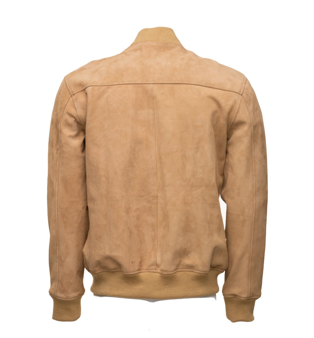 Handmade Sandy Beige Suede Bomber Leather Jacket With Ribbed Cuffs