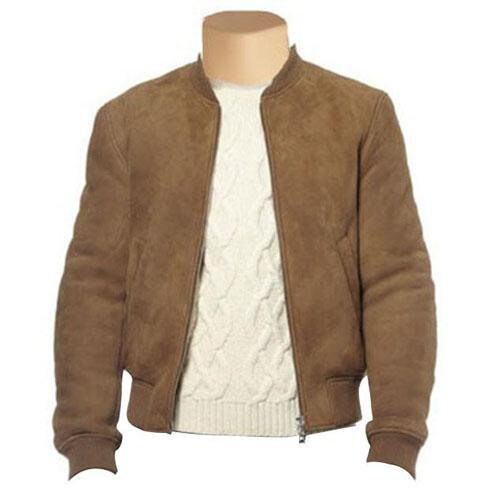 Handmade Suede Bomber Jacket With Ribbed Collar