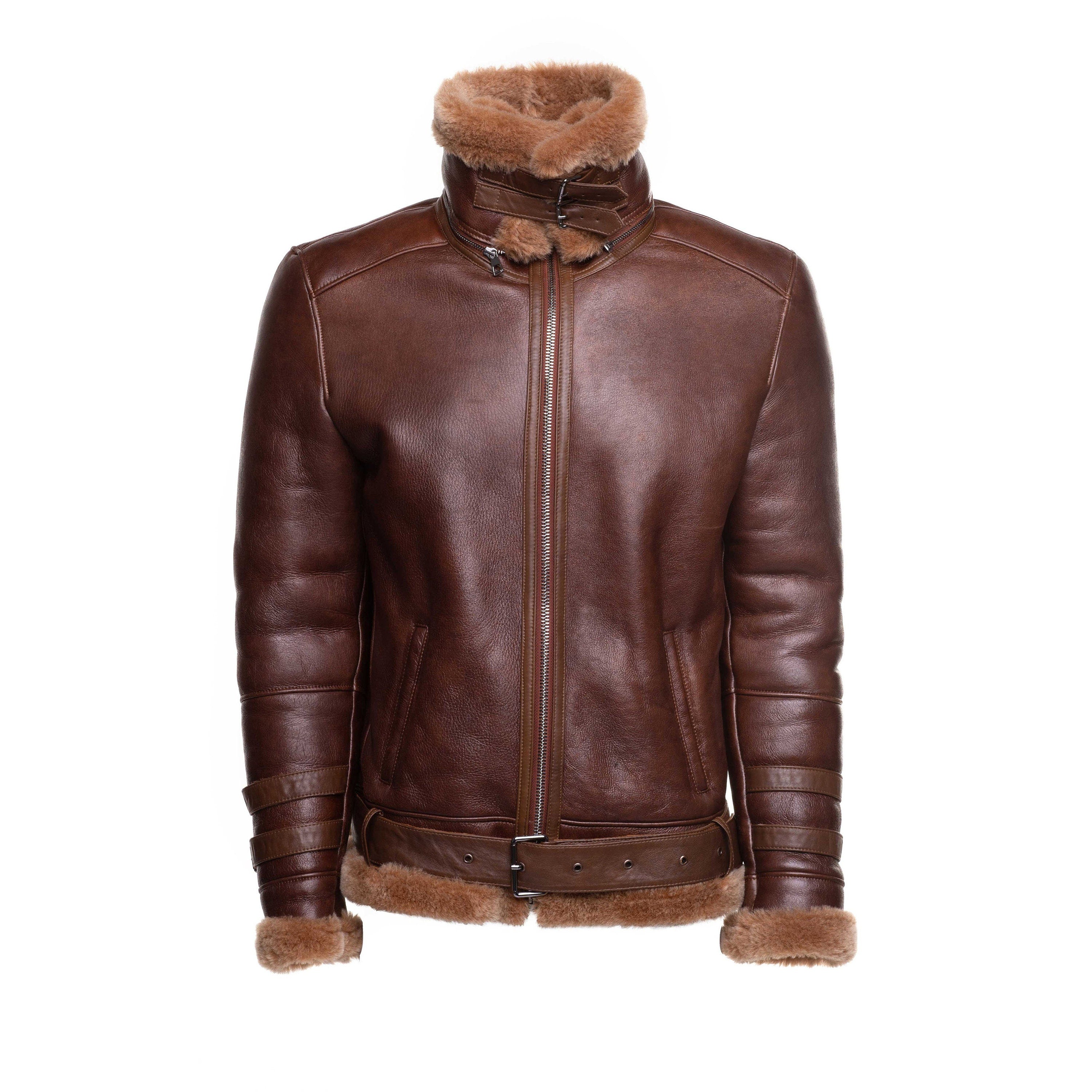 Handmade  Phan's Brown Aviator Bomber Shearling Jacket With A Waist Belt