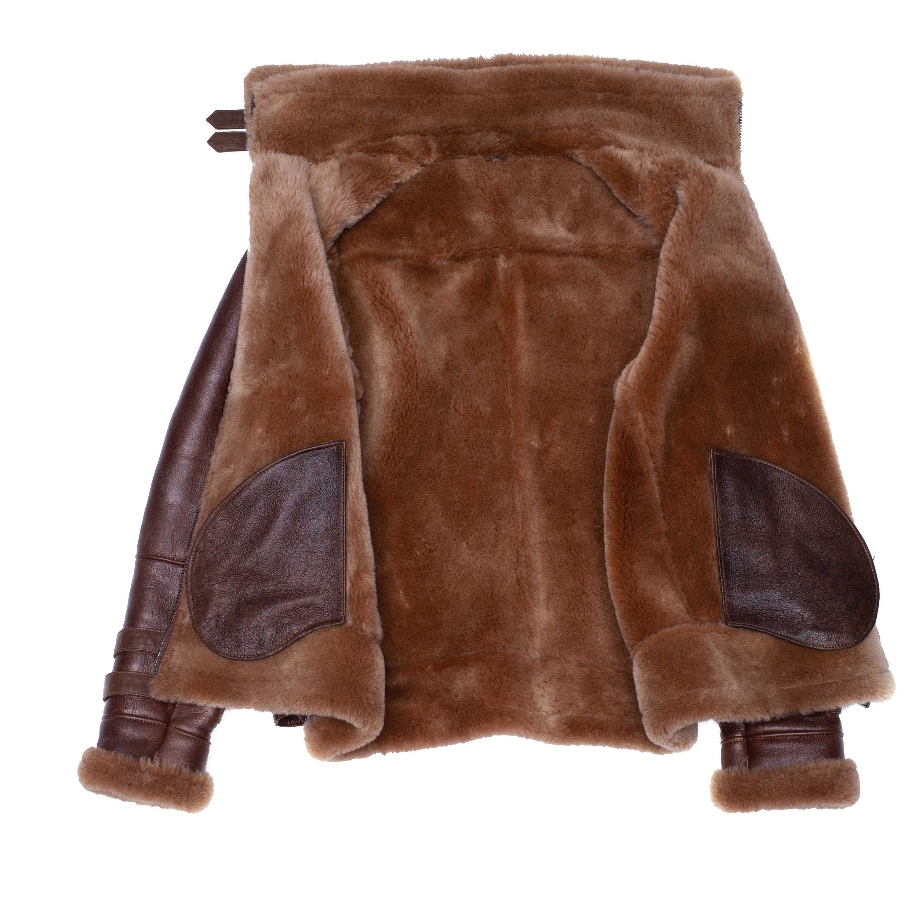 Handmade  Phan's Brown Aviator Bomber Shearling Jacket With A Waist Belt