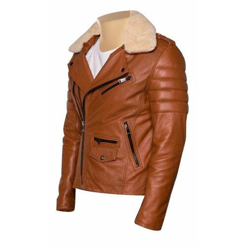 Handmade Woodwards English Tan Biker Jacket With Fur Collar