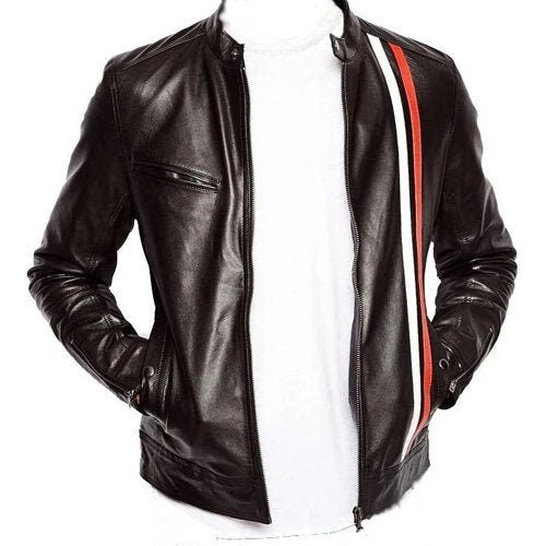 Handmade  Plain Black Moto Style Jacket With Stripes