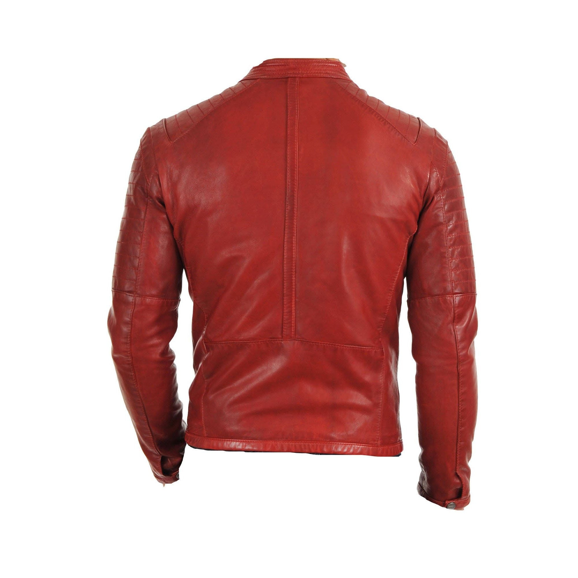 Handmade  Red Moto Style Jacket With Stitching Pattern