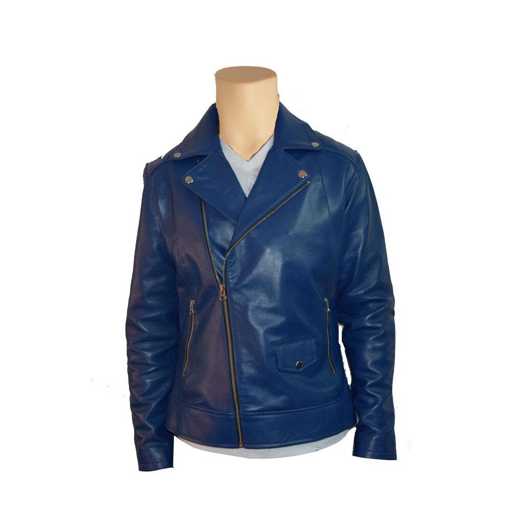 Handmade  Plain Blue Biker Style Leather Jacket